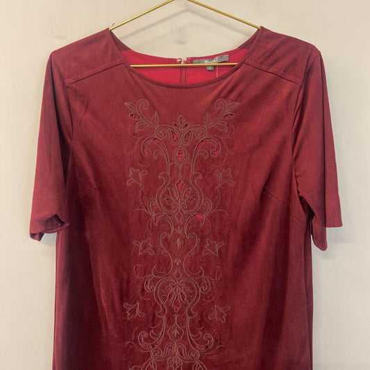 Miss Me Burgundy Suede Embroidered Detail Short Sleeve Dress Medium