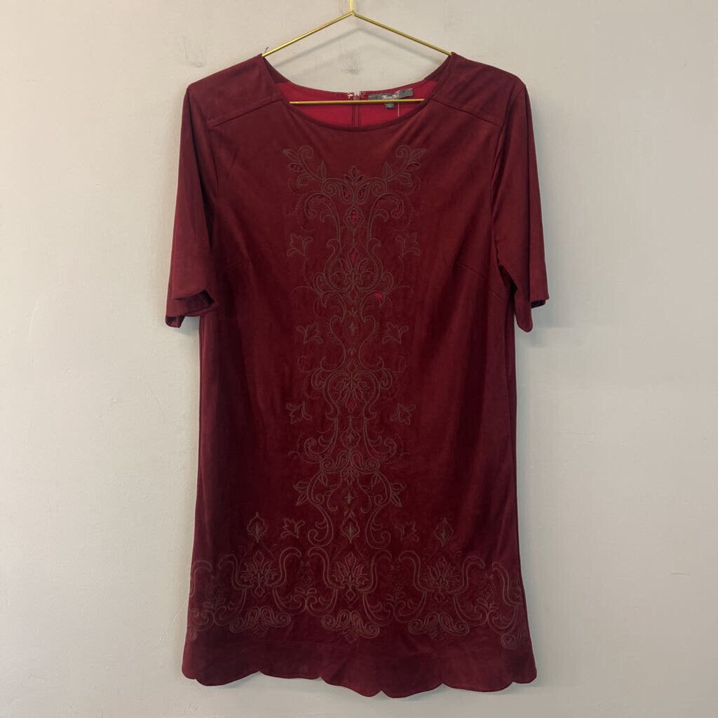 Miss Me Burgundy Suede Embroidered Detail Short Sleeve Dress Medium