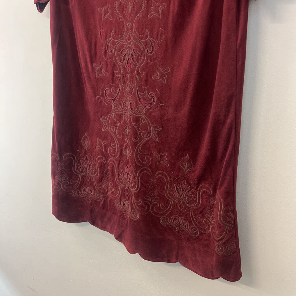 Miss Me Burgundy Suede Embroidered Detail Short Sleeve Dress Medium