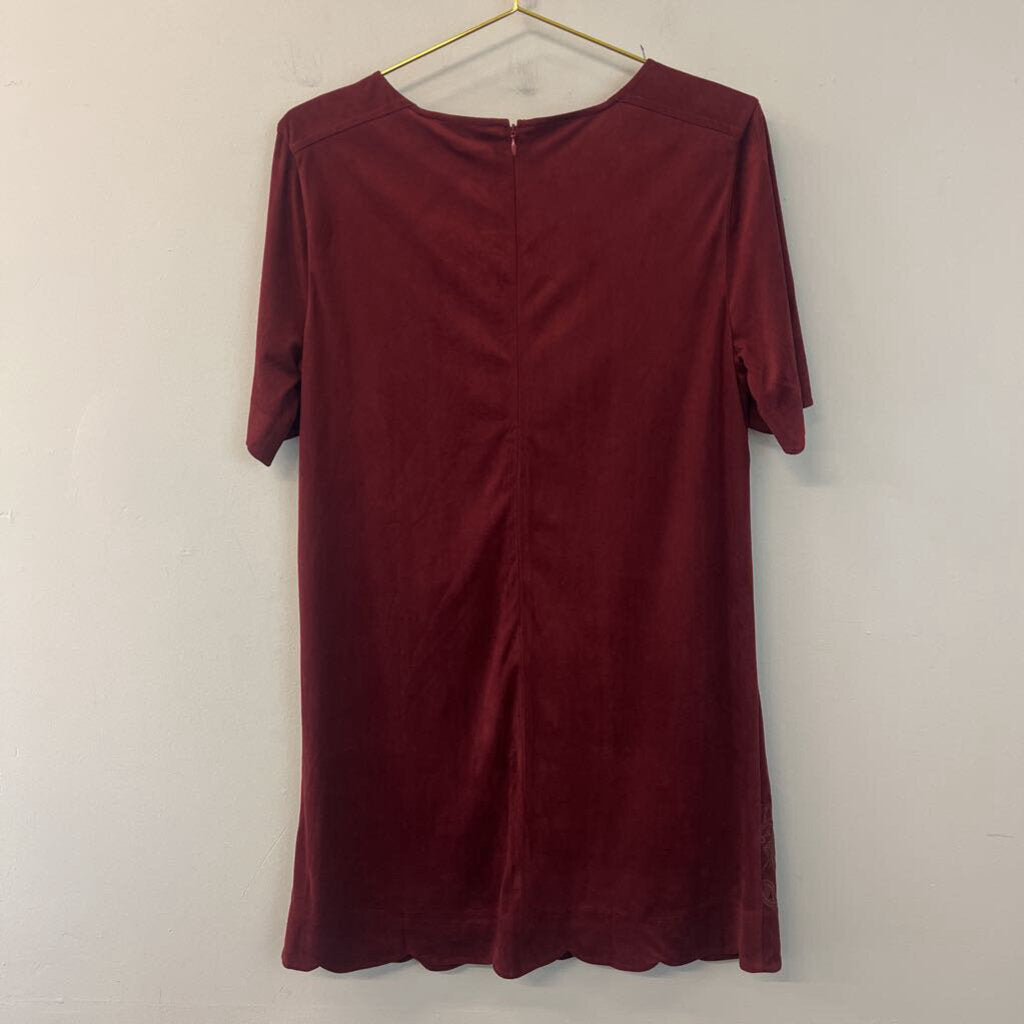 Miss Me Burgundy Suede Embroidered Detail Short Sleeve Dress Medium