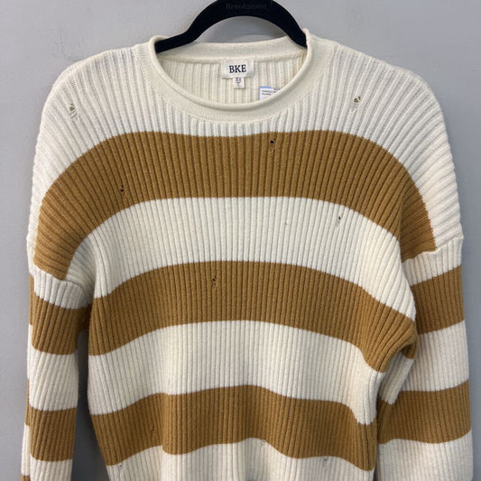 BKE Cream/ Yellow Striped Distressed Long Sleeve Sweater Extra Small