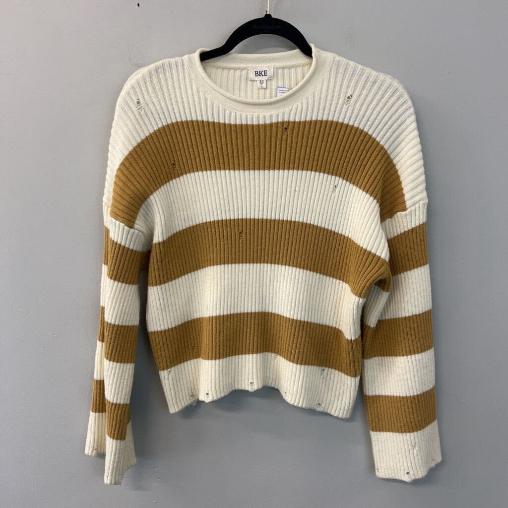 BKE Cream/ Yellow Striped Distressed Long Sleeve Sweater Extra Small