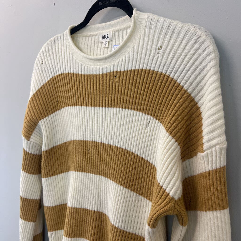 BKE Cream/ Yellow Striped Distressed Long Sleeve Sweater Extra Small