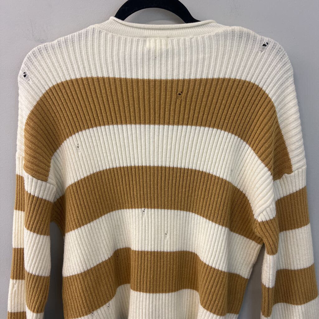 BKE Cream/ Yellow Striped Distressed Long Sleeve Sweater Extra Small