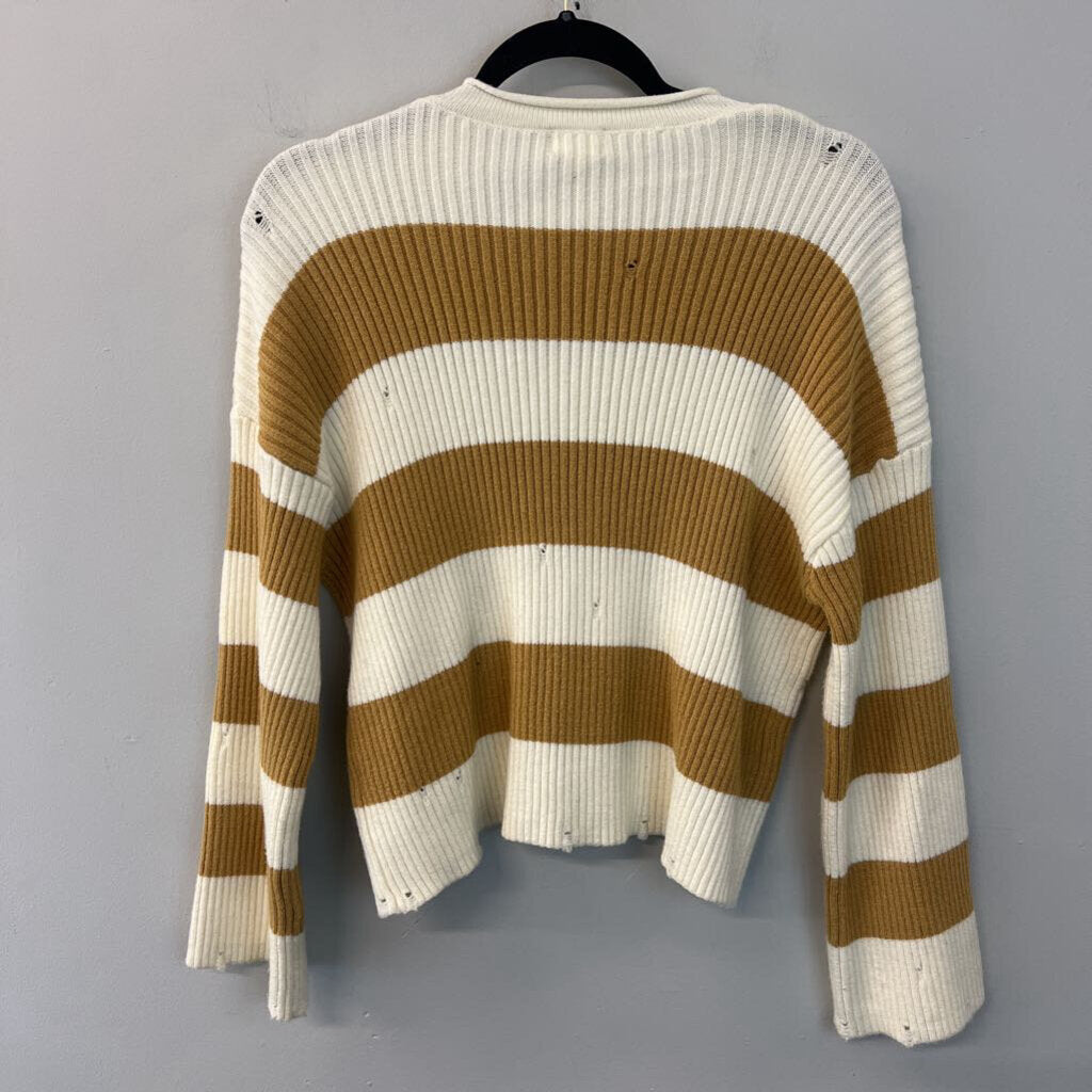 BKE Cream/ Yellow Striped Distressed Long Sleeve Sweater Extra Small