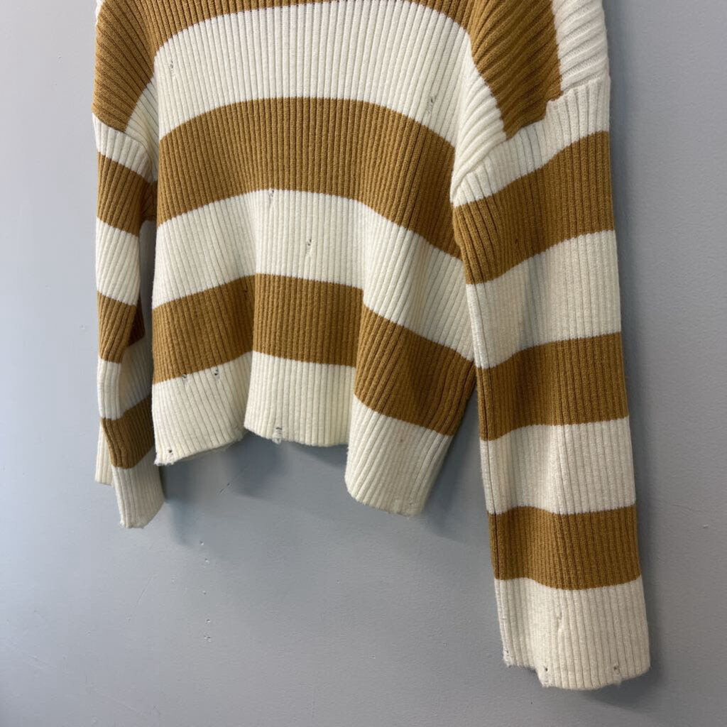 BKE Cream/ Yellow Striped Distressed Long Sleeve Sweater Extra Small