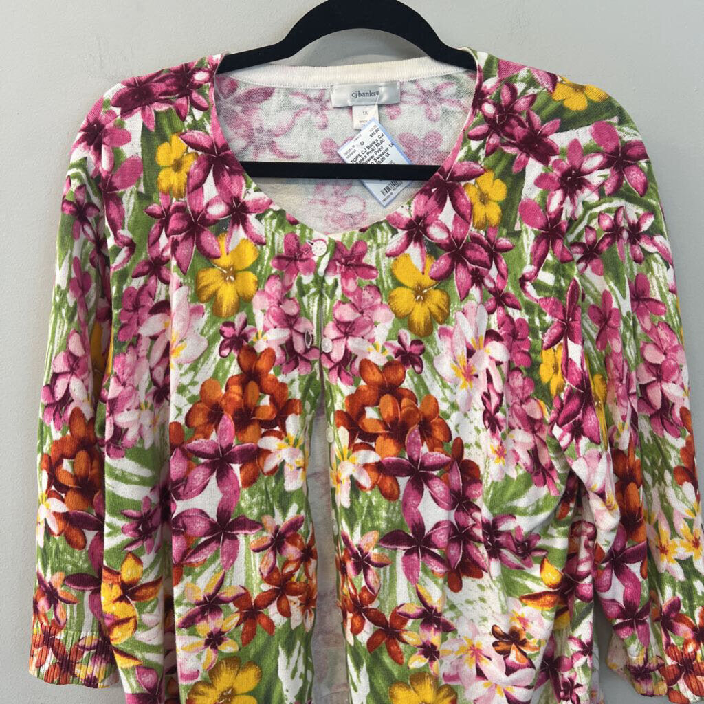 CJ Banks Pink/ Multi Flower Print Cardigan Sweater 1X