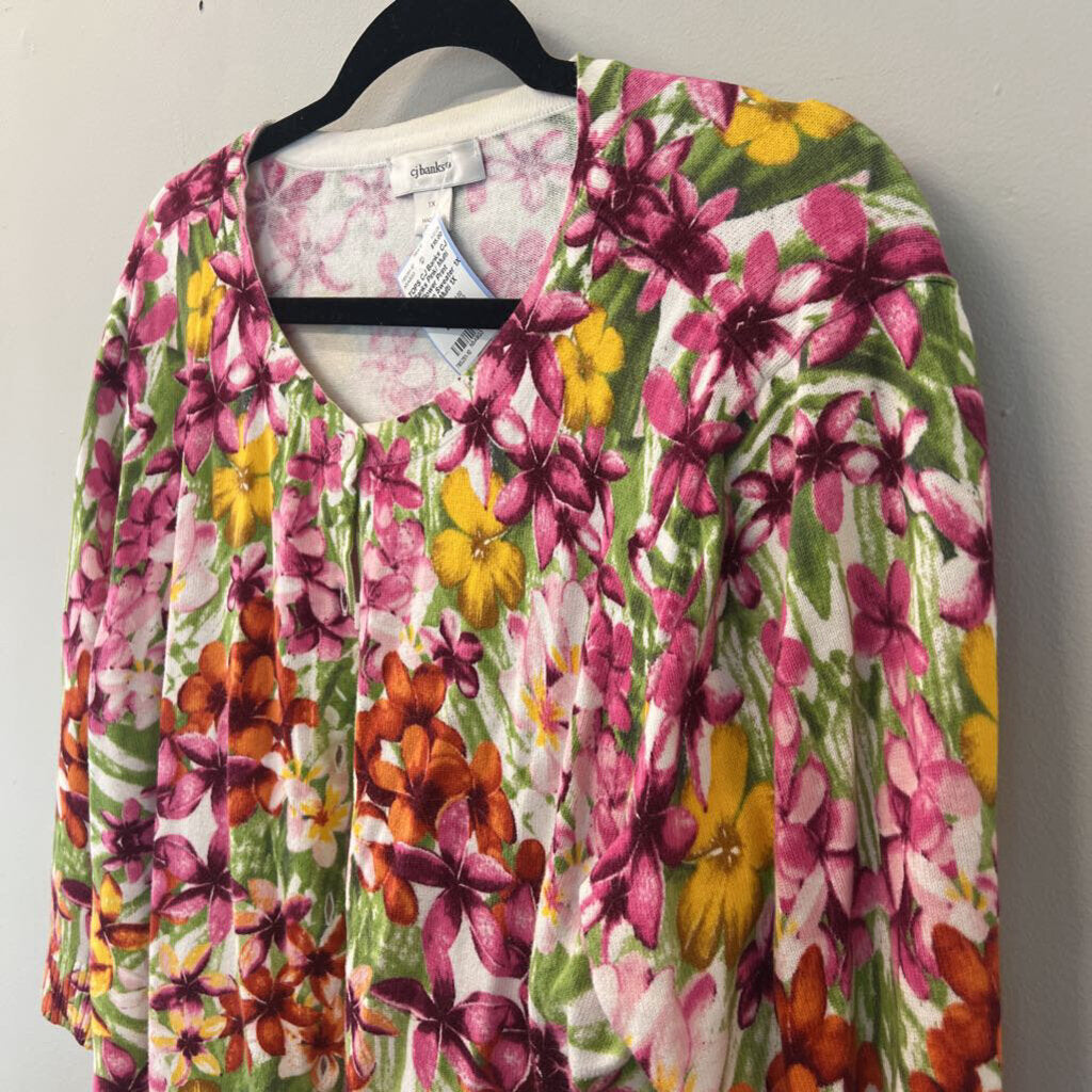 CJ Banks Pink/ Multi Flower Print Cardigan Sweater 1X