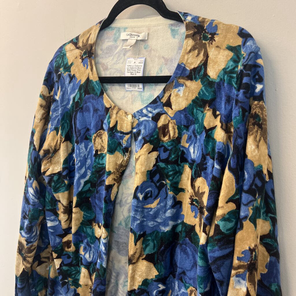 Liz Claiborne Blue/ Multi Flower Print Cardigan 1X