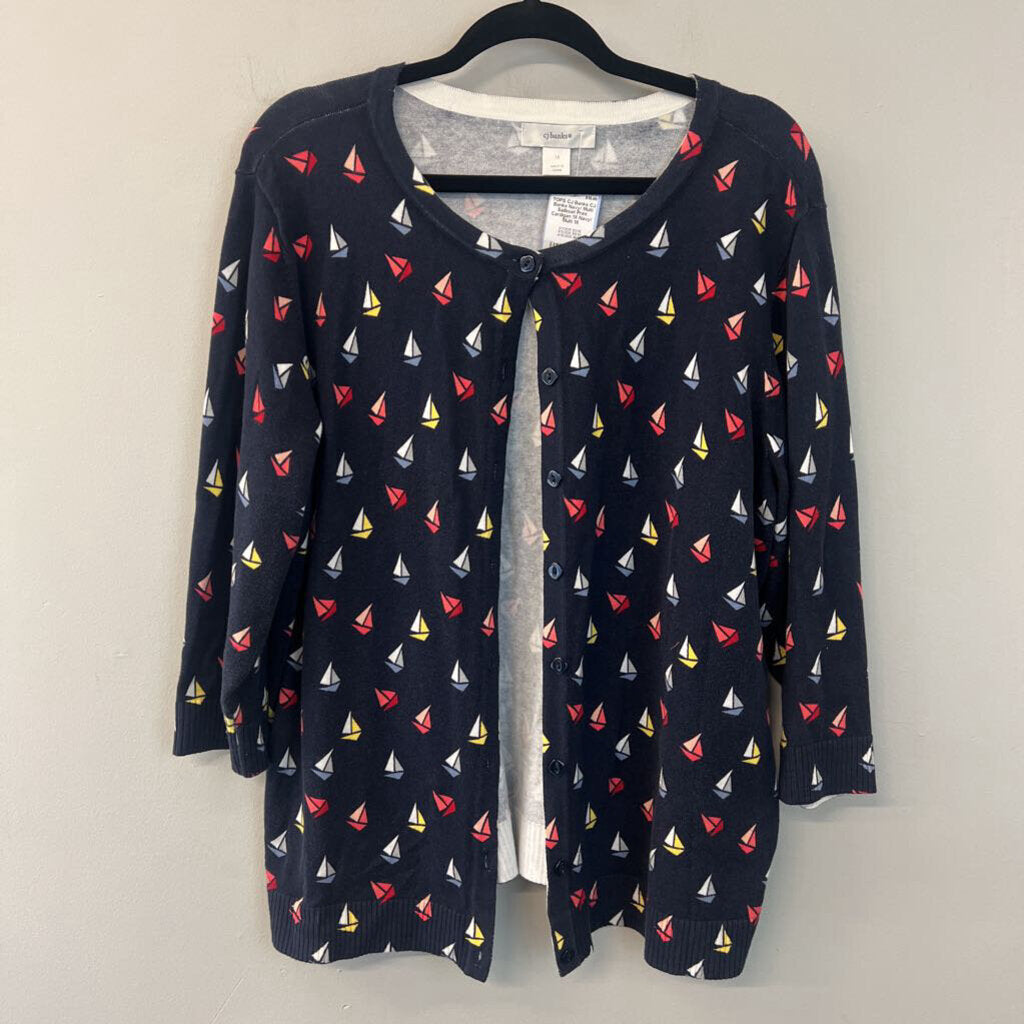 CJ Banks Navy/ Multi Sailboat Print Cardigan 1X