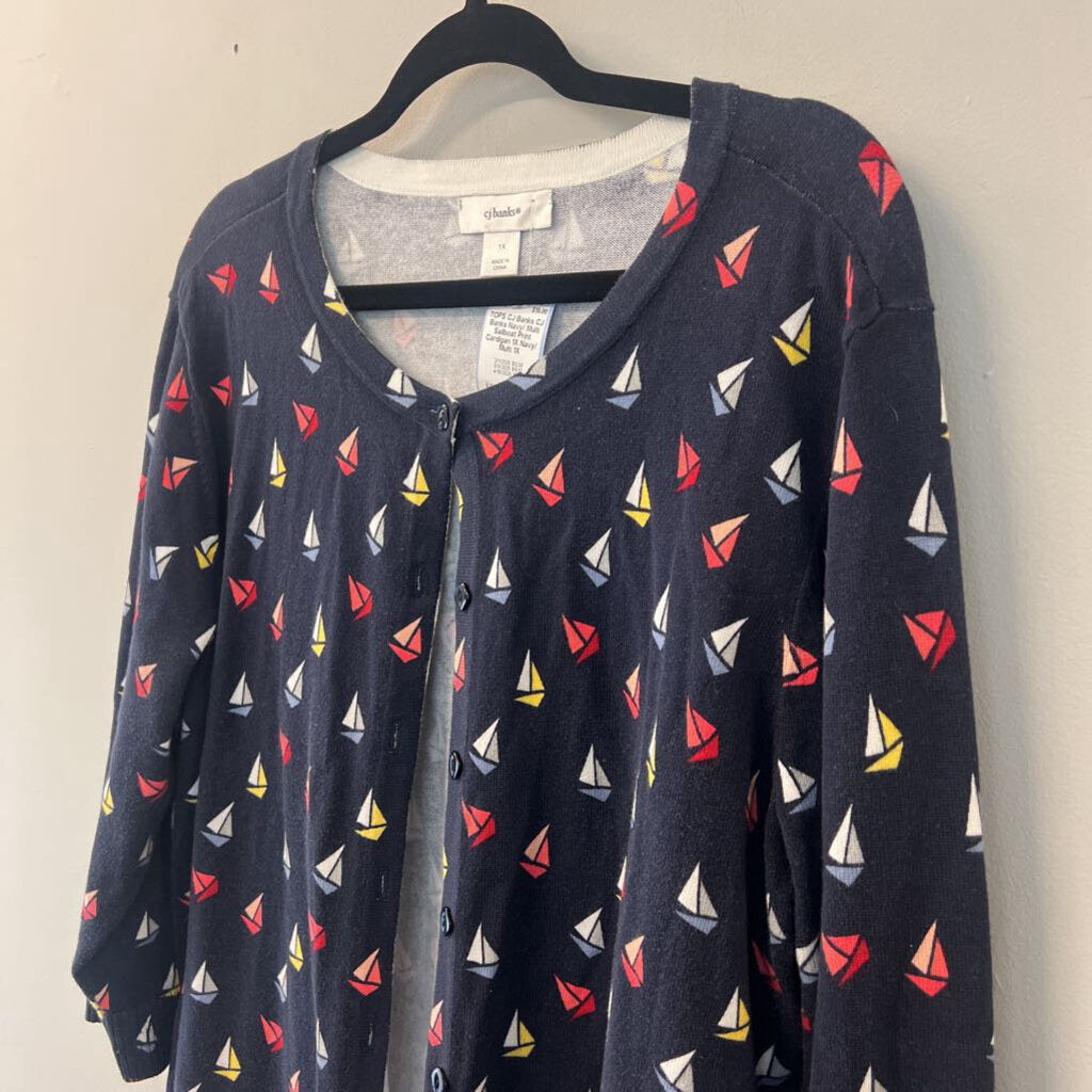 CJ Banks Navy/ Multi Sailboat Print Cardigan 1X