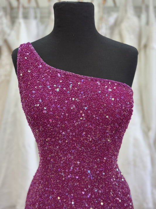 Scala Vintage Pink Beaded/ Sequin One Shoulder Long Formal Dress Large