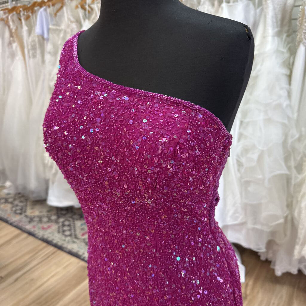 Scala Vintage Pink Beaded/ Sequin One Shoulder Long Formal Dress Large