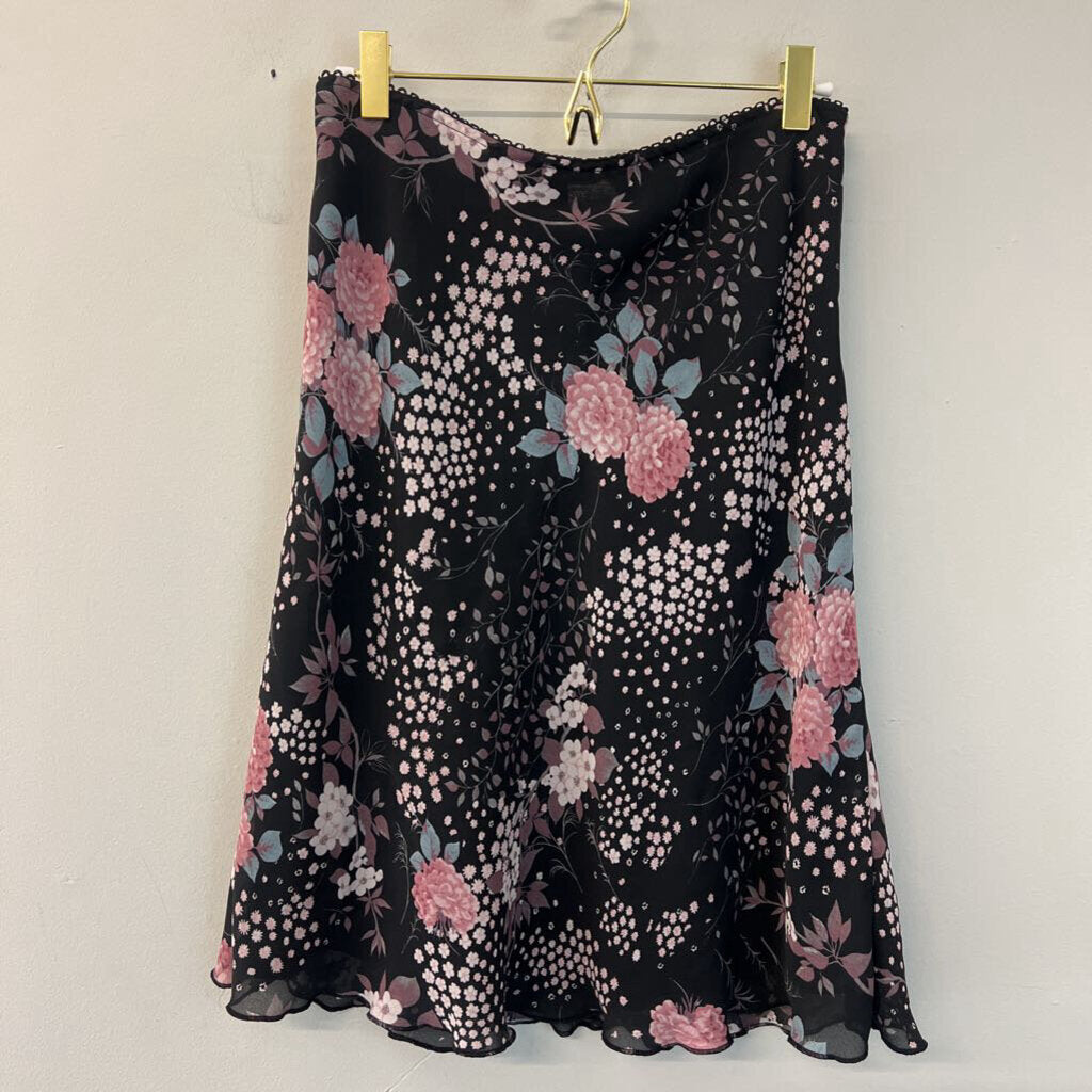 Black/ Pink Flower Print Midi Skirt 6