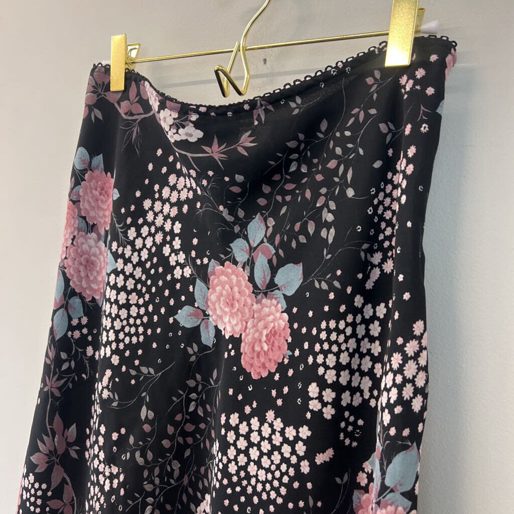 Black/ Pink Flower Print Midi Skirt 6