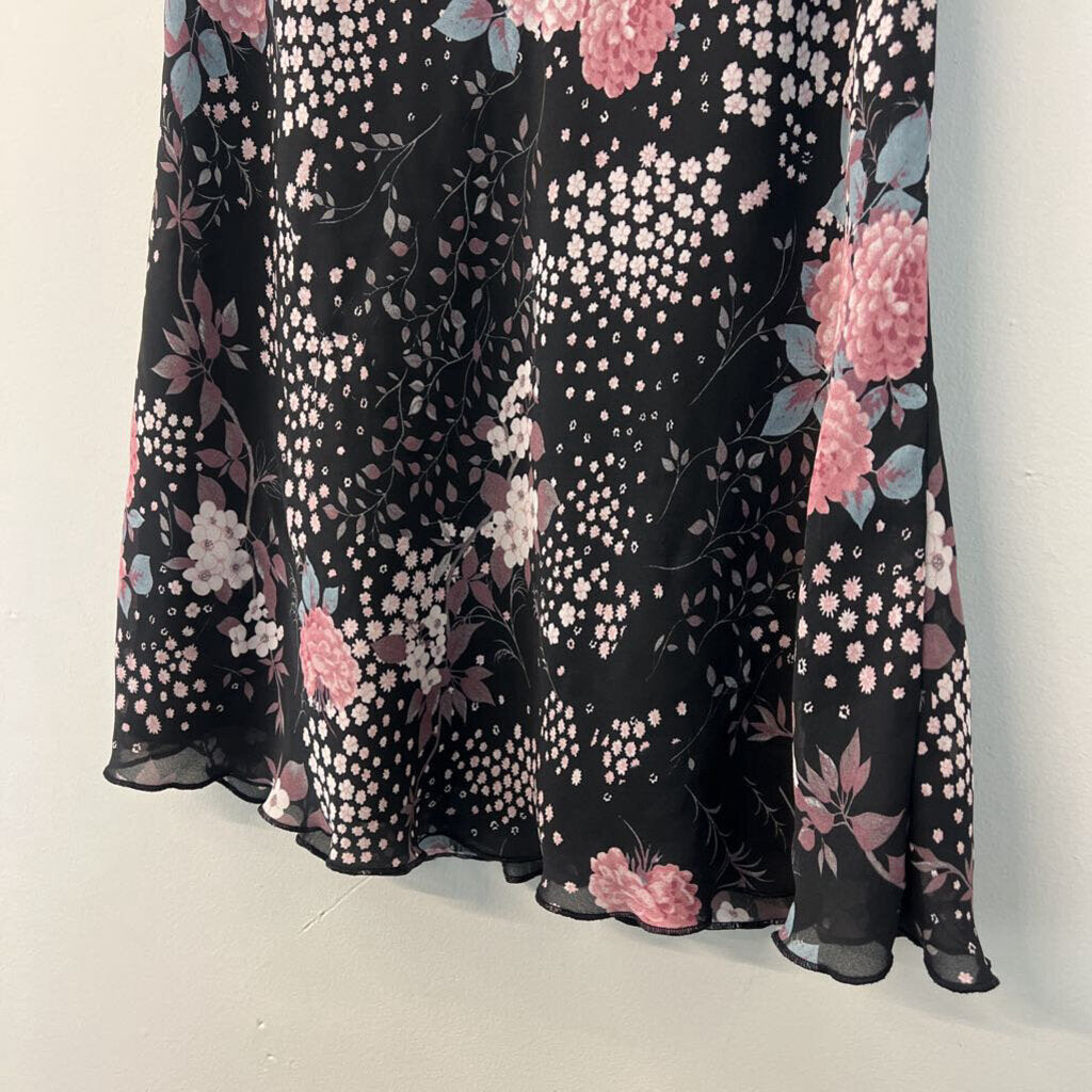 Black/ Pink Flower Print Midi Skirt 6