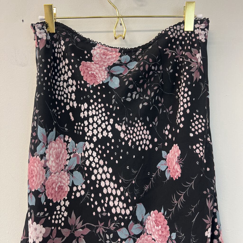 Black/ Pink Flower Print Midi Skirt 6