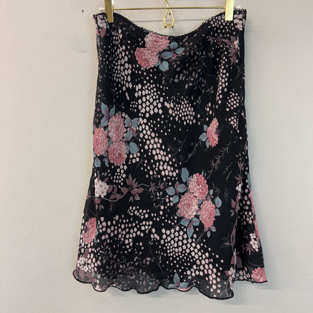 Black/ Pink Flower Print Midi Skirt 6