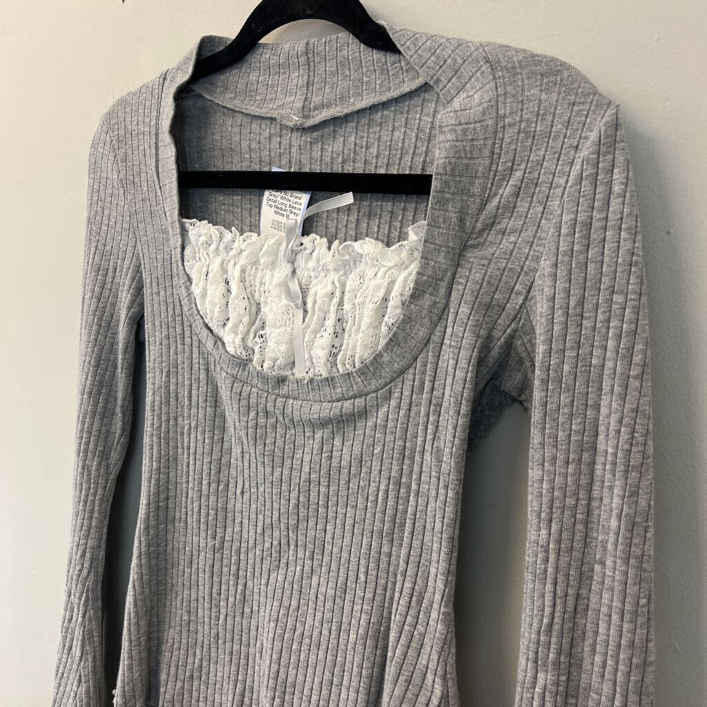 Grey/ White Lace Detail Long Sleeve Top Medium