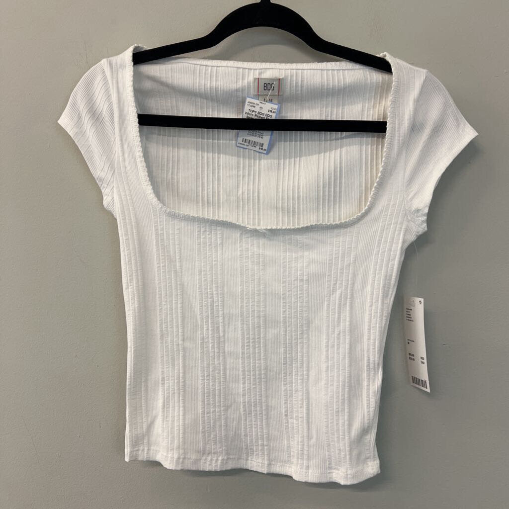 BDG White Ribbed Short Sleeve Crop Top Medium