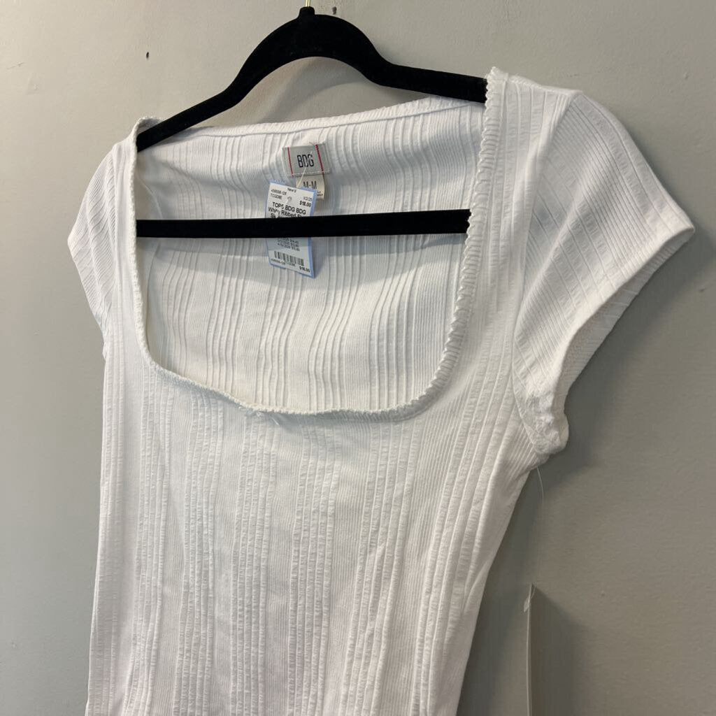 BDG White Ribbed Short Sleeve Crop Top Medium