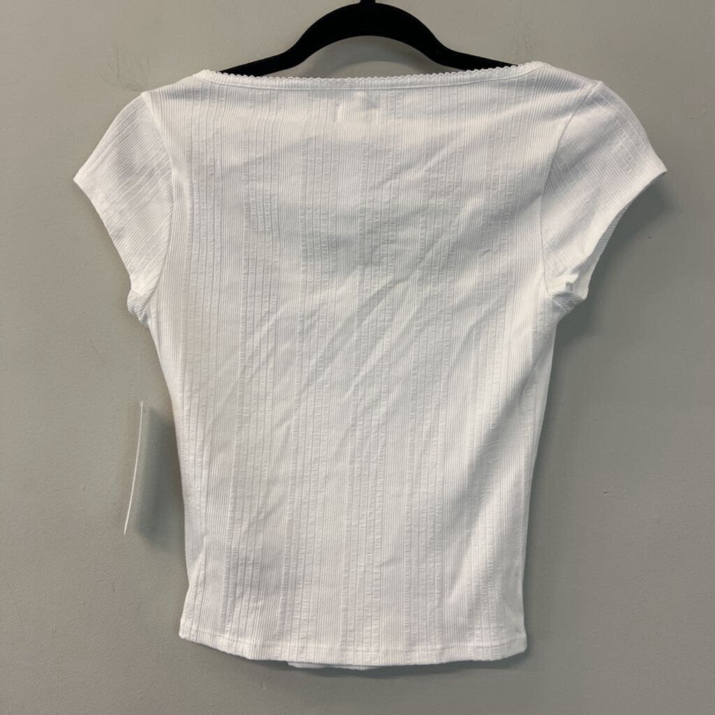 BDG White Ribbed Short Sleeve Crop Top Medium