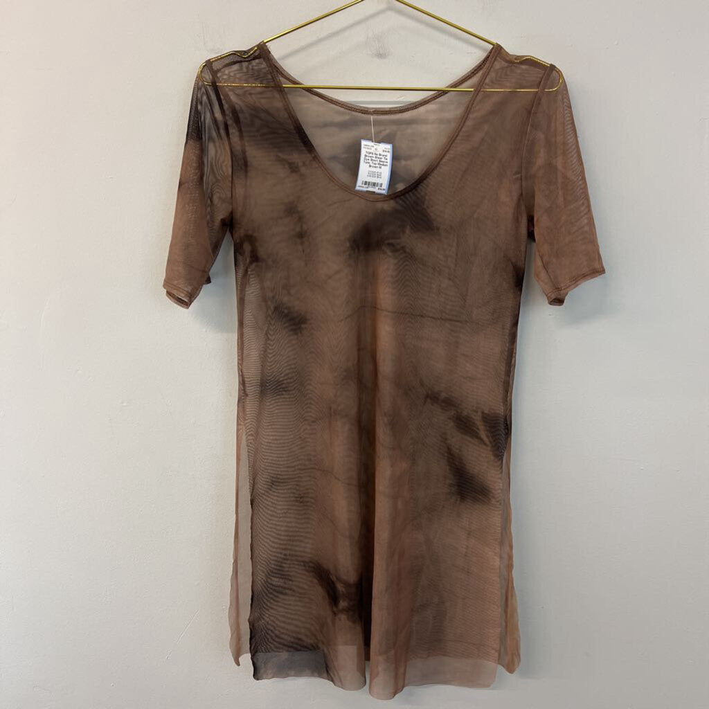 Brown Sheer Tie Dye Short Sleeve Tunic Top Medium