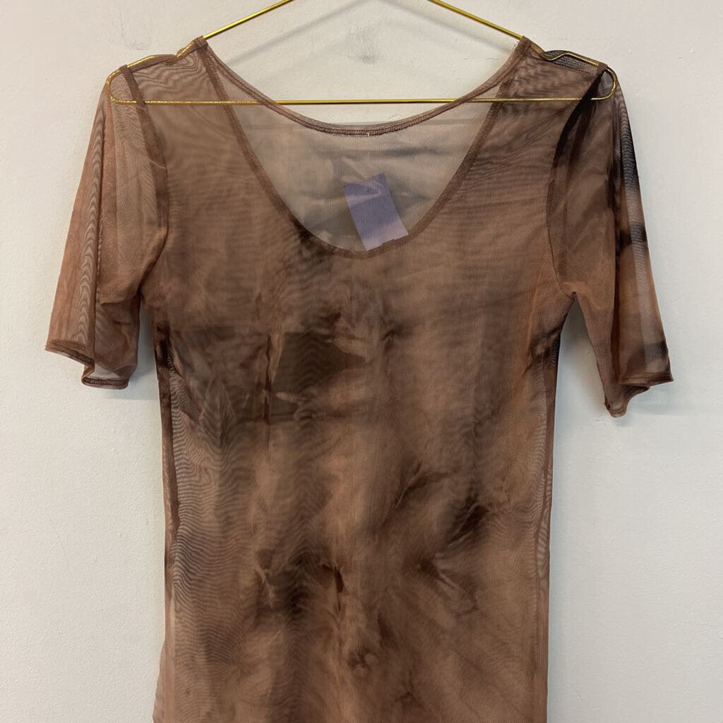 Brown Sheer Tie Dye Short Sleeve Tunic Top Medium