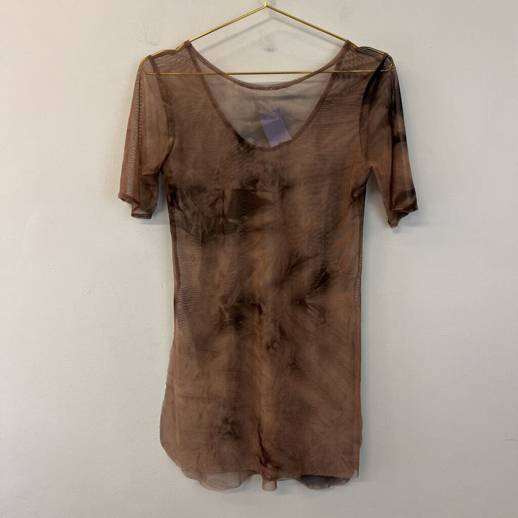 Brown Sheer Tie Dye Short Sleeve Tunic Top Medium