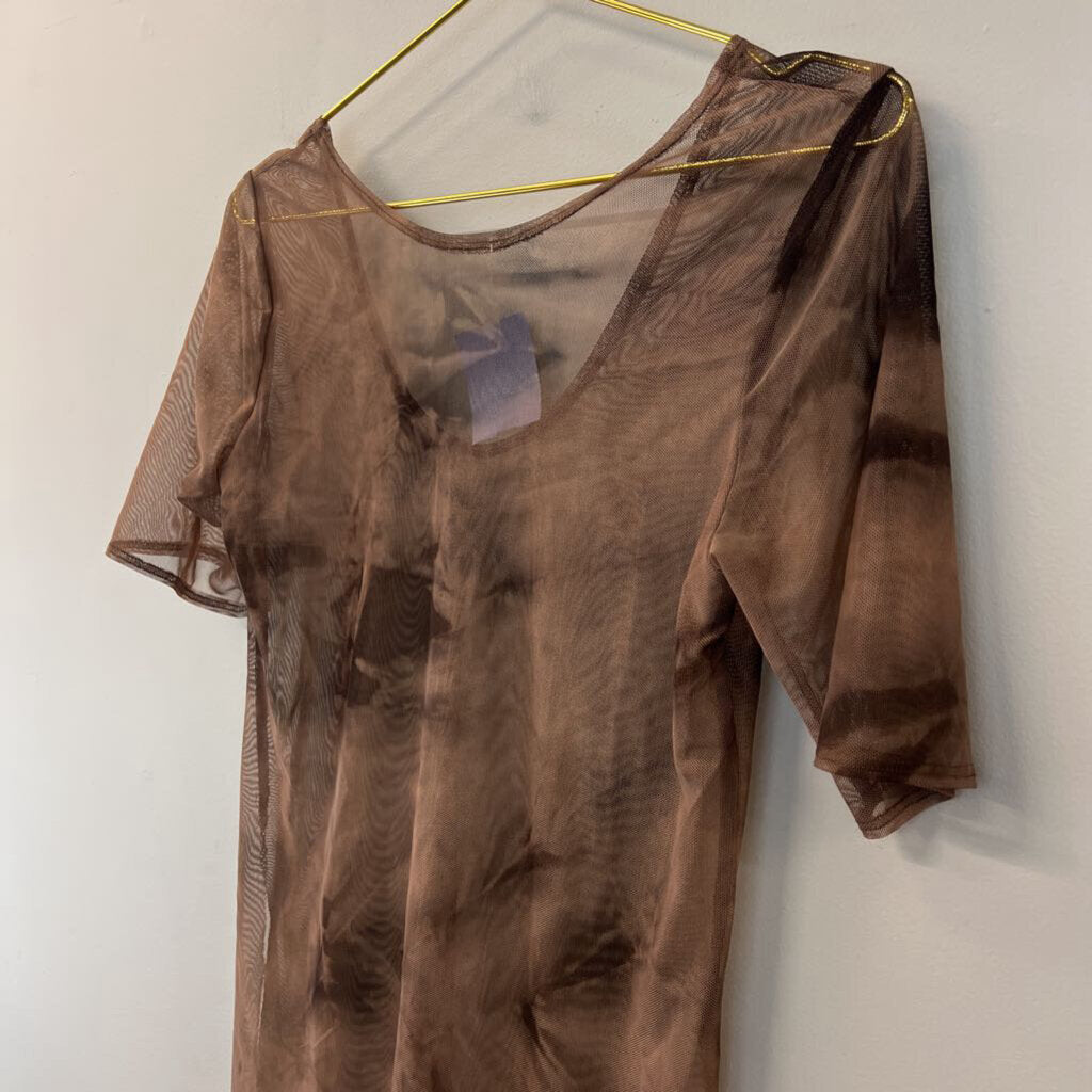 Brown Sheer Tie Dye Short Sleeve Tunic Top Medium