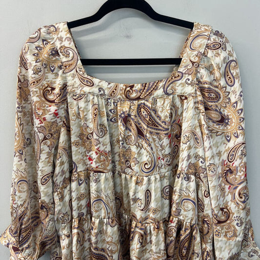 Entro Beige/ Gold Paisley Print Long Sleeve Silky Top Medium