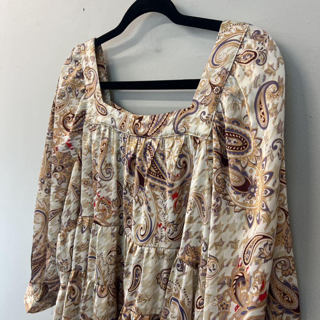 Entro Beige/ Gold Paisley Print Long Sleeve Silky Top Medium