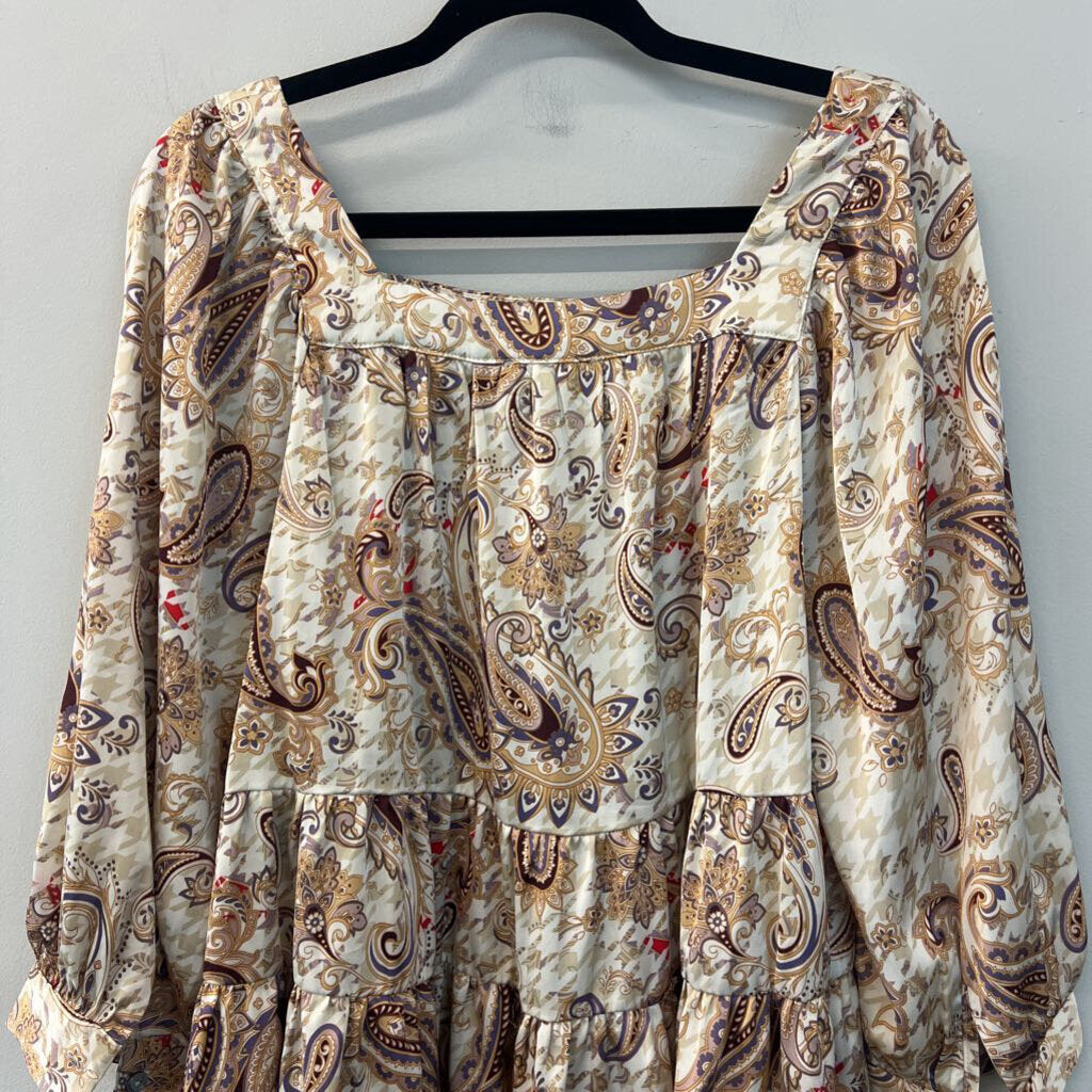 Entro Beige/ Gold Paisley Print Long Sleeve Silky Top Medium