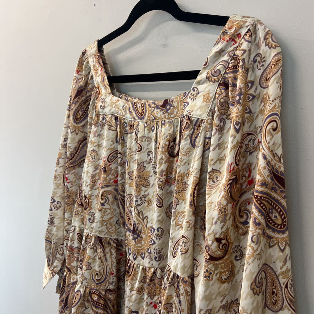 Entro Beige/ Gold Paisley Print Long Sleeve Silky Top Medium