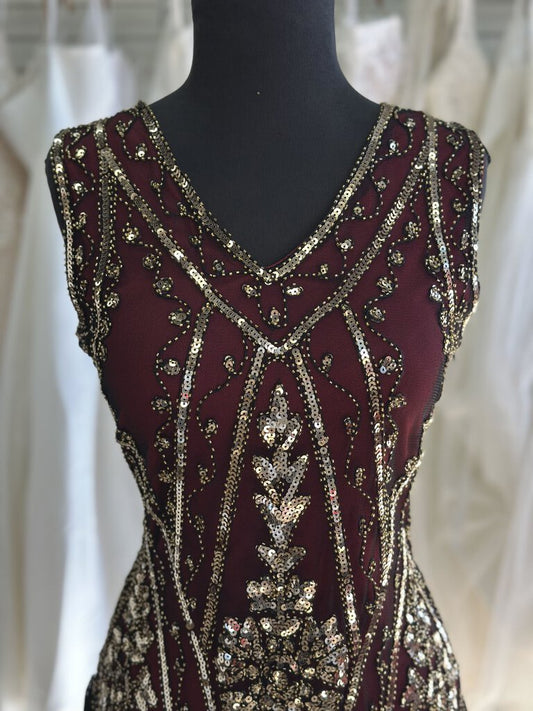 Pretty Guide Burgundy/ Gold Sequin Black Fringe Midi Dress Small