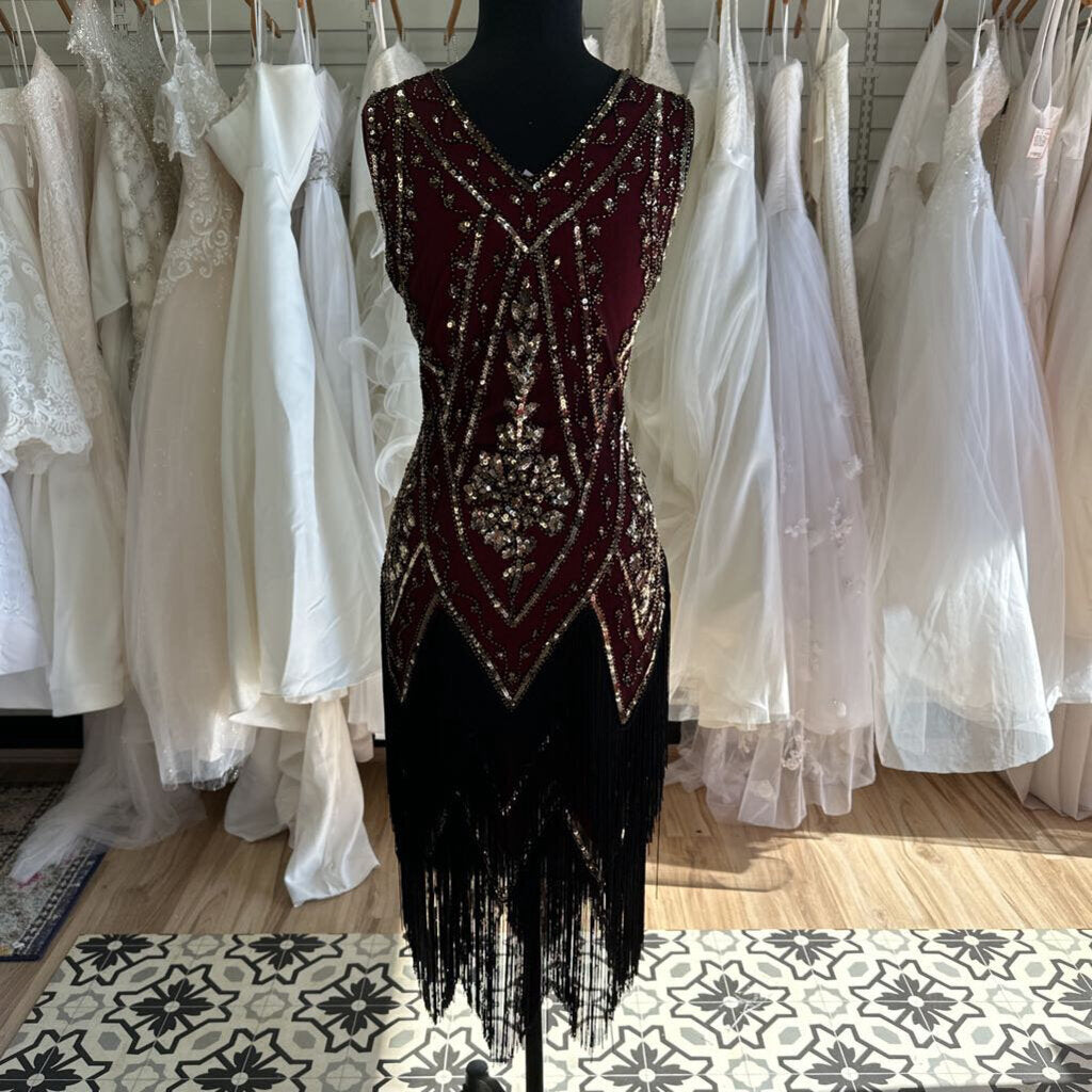 Pretty Guide Burgundy/ Gold Sequin Black Fringe Midi Dress Small