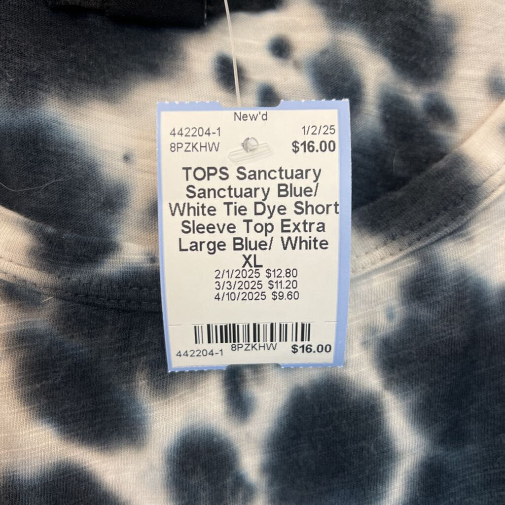 Sanctuary Blue/ White Tie Dye Short Sleeve Top Extra Large