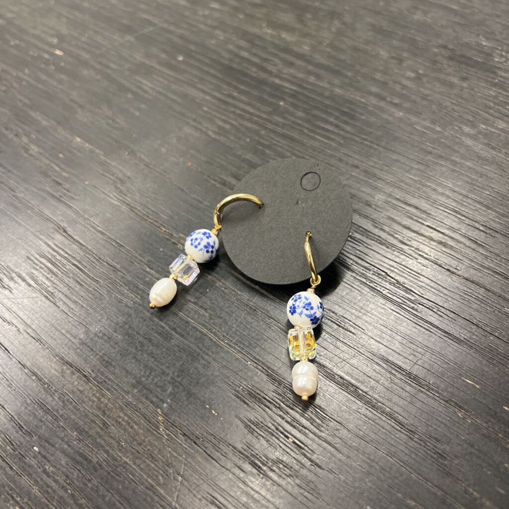 Gold/ White Beaded Drop Earrings