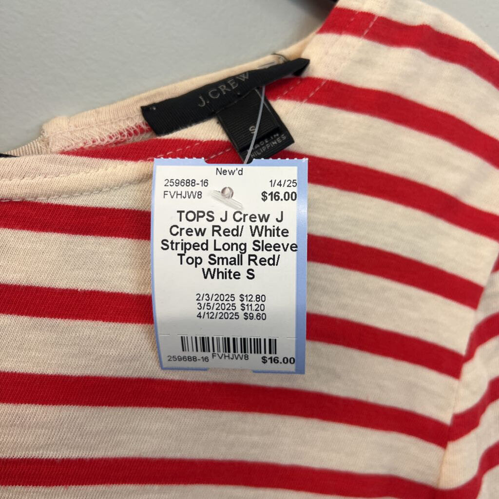 J Crew Red/ White Striped Long Sleeve Top Small