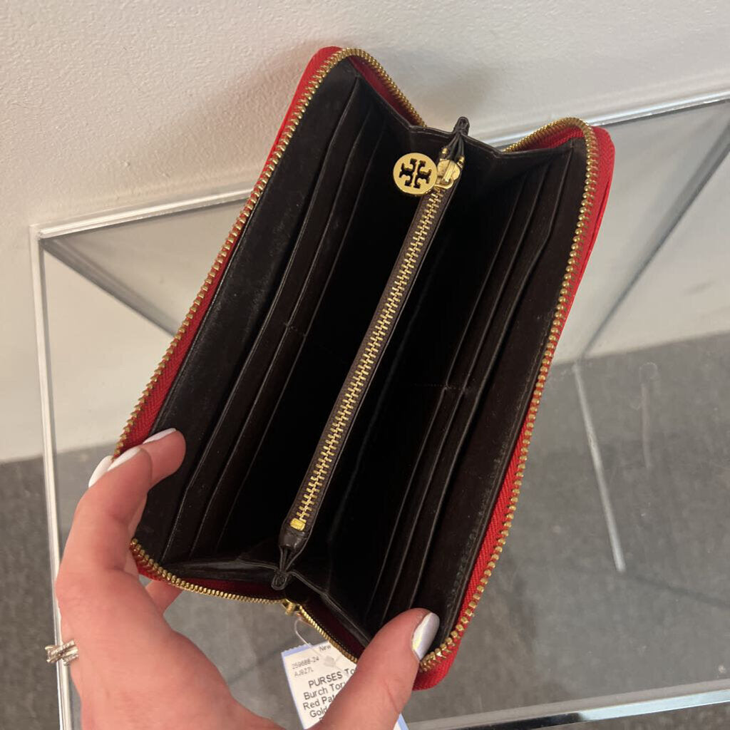 Tory Burch Red Patent Leather Gold Detail Wallet