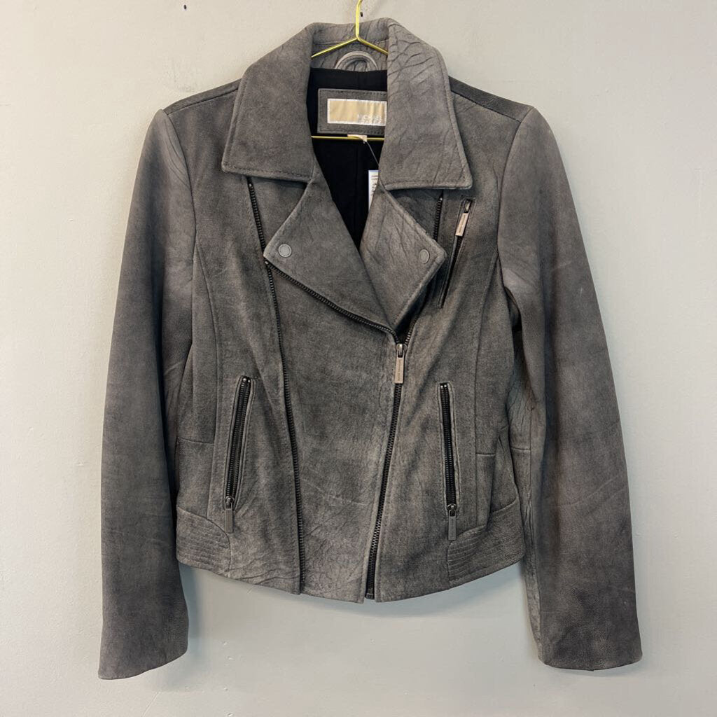 Michael Kors Grey Leather Moto Jacket Medium