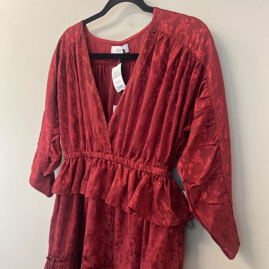 NSR Red Long Sleeve Ruffle Detail Dress Medium