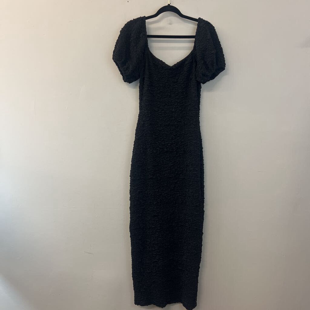 Endless Blu Black Textured Short Puff Sleeve Maxi Dress Medium