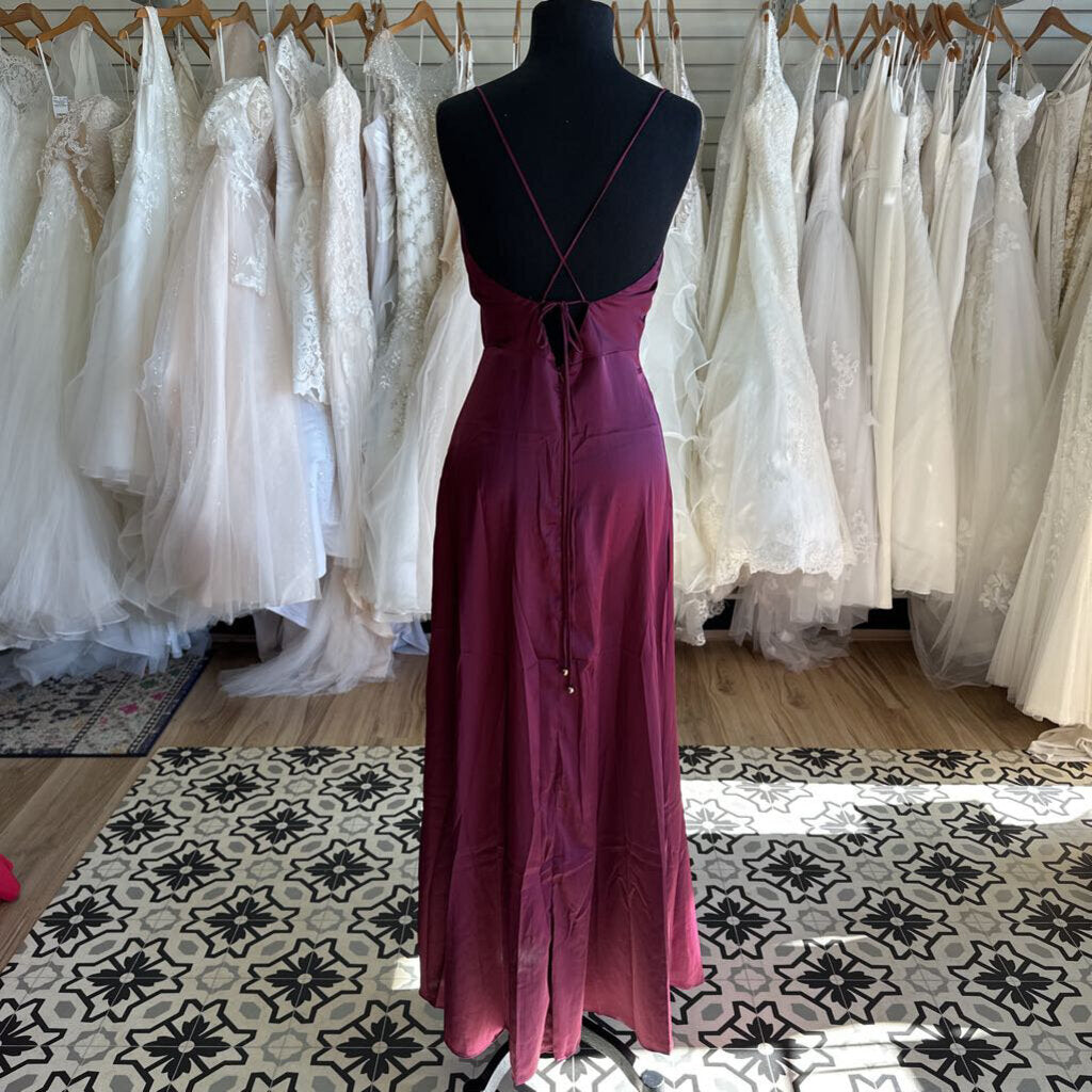 Bluivy Silky Burgundy Cross Back Long Formal Dress Medium