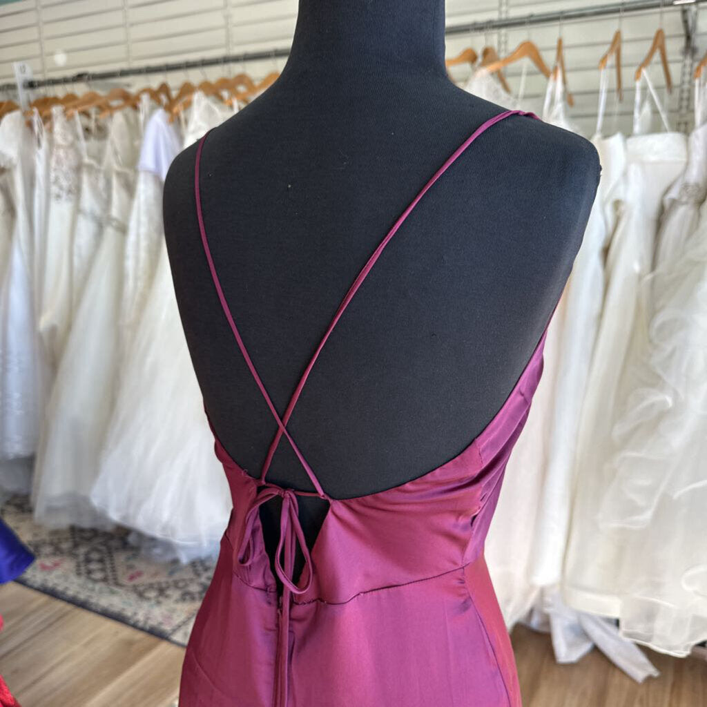 Bluivy Silky Burgundy Cross Back Long Formal Dress Medium