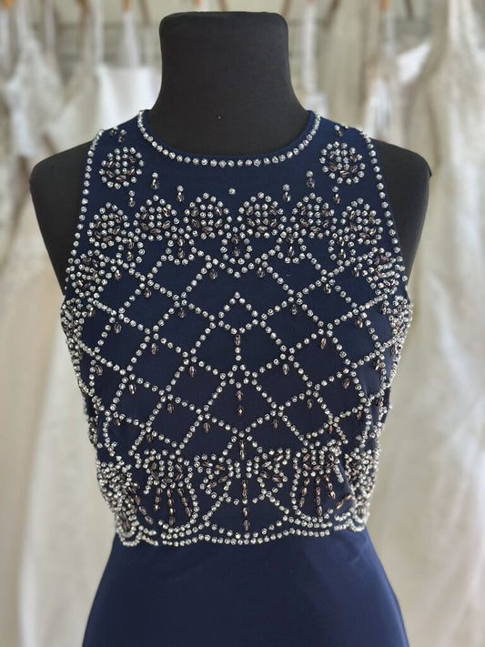 Cachet Navy Silver Beaded Top Long Formal 8