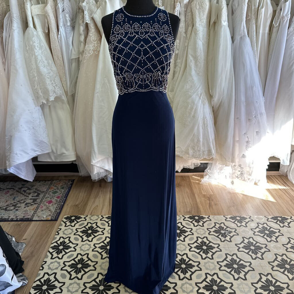 Cachet Navy Silver Beaded Top Long Formal 8