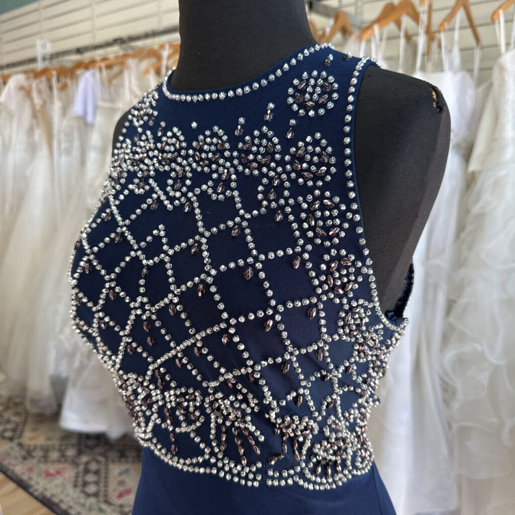 Cachet Navy Silver Beaded Top Long Formal 8