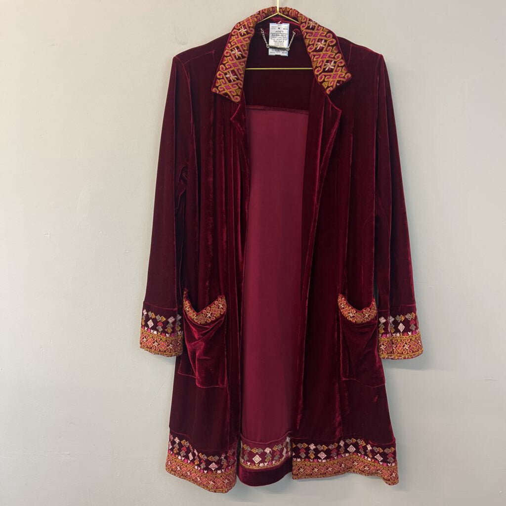 Paparazzi Red Embroidered Velvet Long Open Front Jacket Small