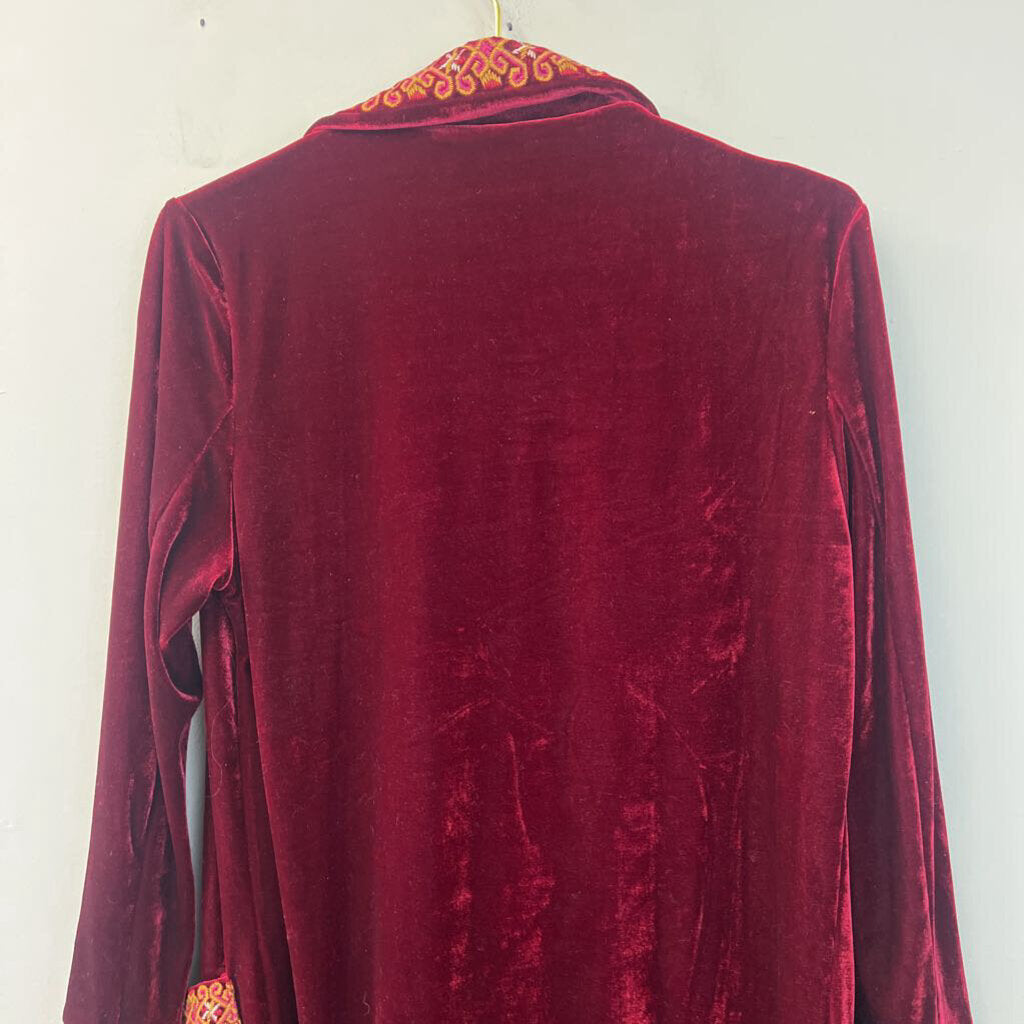 Paparazzi Red Embroidered Velvet Long Open Front Jacket Small